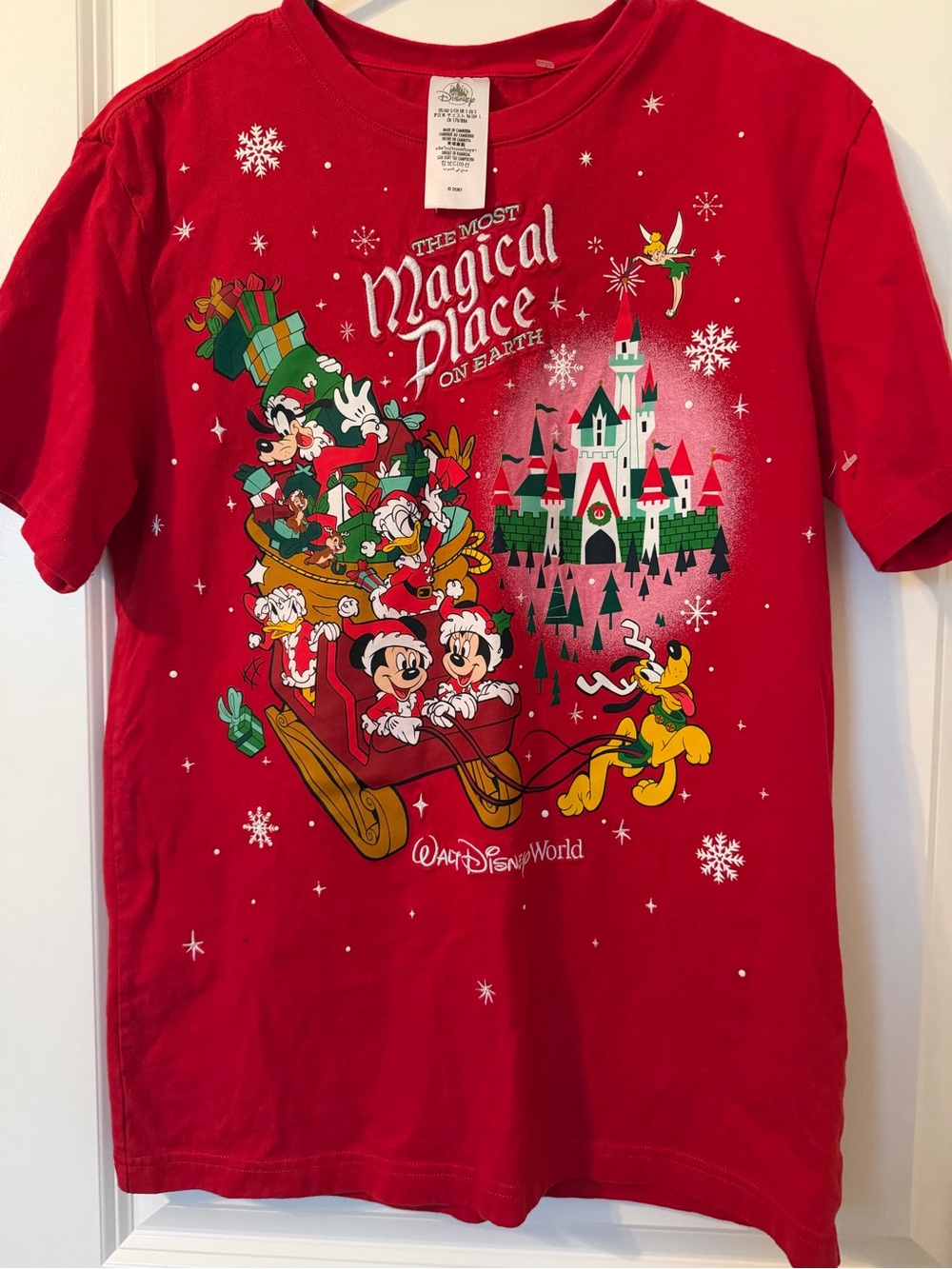 Disney Red Holiday Tee with Mickey, Minnie & Friends Sleigh Graphic